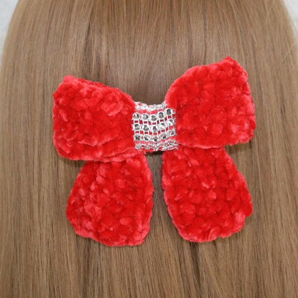HAND CRAFTED Hair Bow Kids Crochet Chenille Velvet Hair Barrette Oversized Red